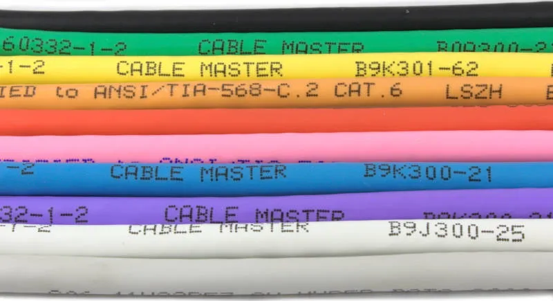 All available colours of Cable Master category 6 unshielded cable aligned horizontally together.