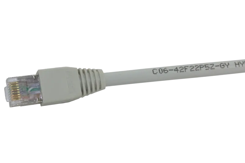 A single end of a category 6 shielded patch cable coloured grey.