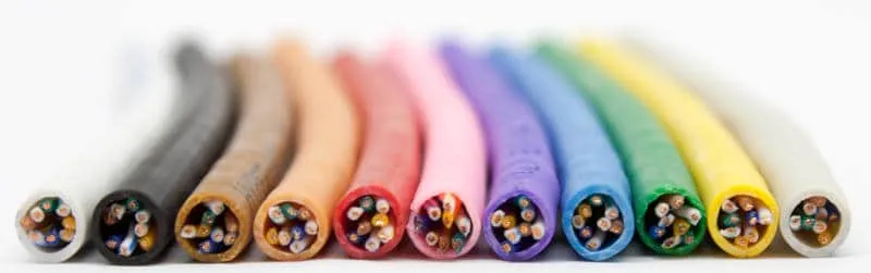 All available colours of Cable Master category 5e cable laid head on showing internal cores.