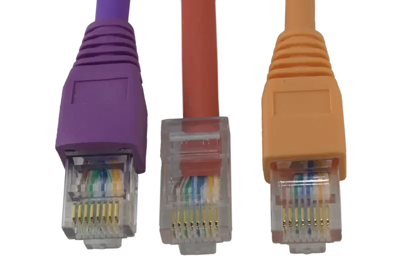Three ends of Cat 5e patch leads of different colours with one having no boot.