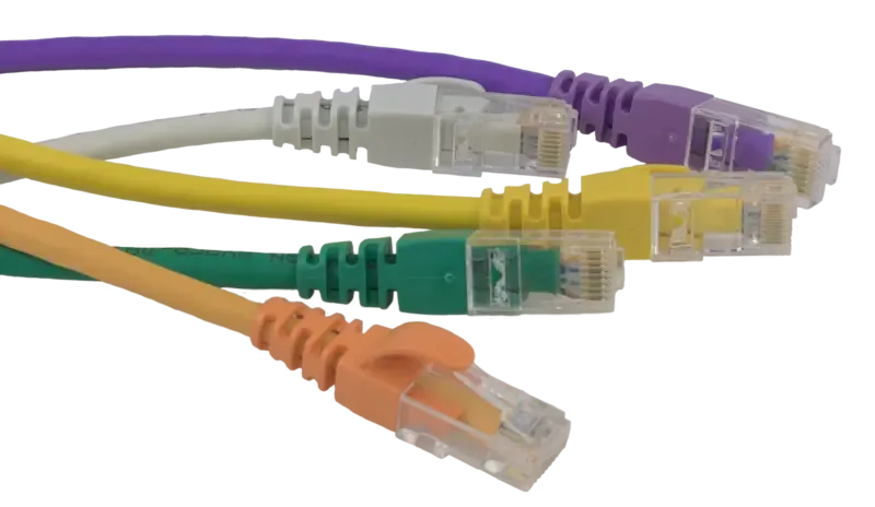 A mix of intertwined patch leads of different colours fitted with flush boots.