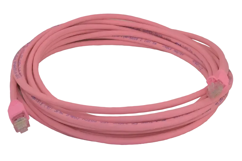 A long coiled up patch lead with boots in the colour pink.
